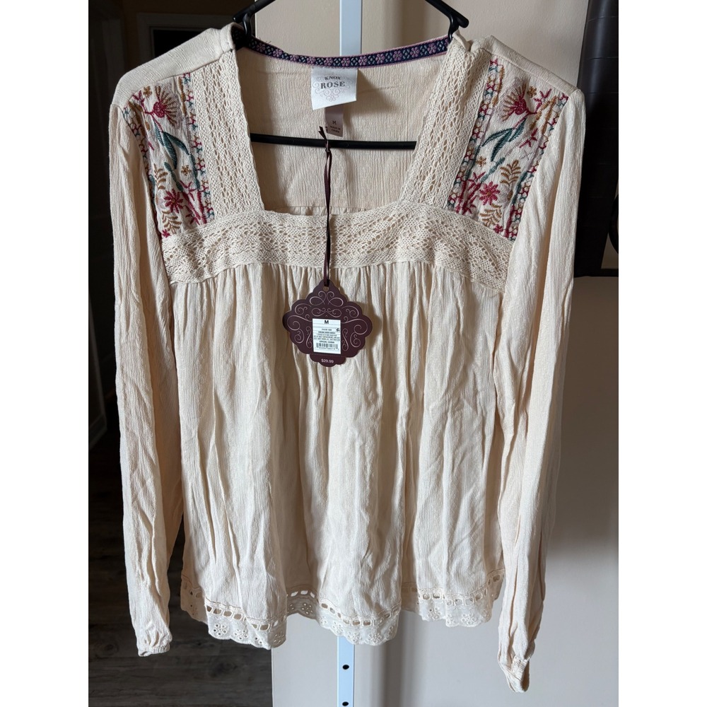 Knox Rose Cream Embroidered Boho Peasant Blouse Square Neck Lace Trim Medium